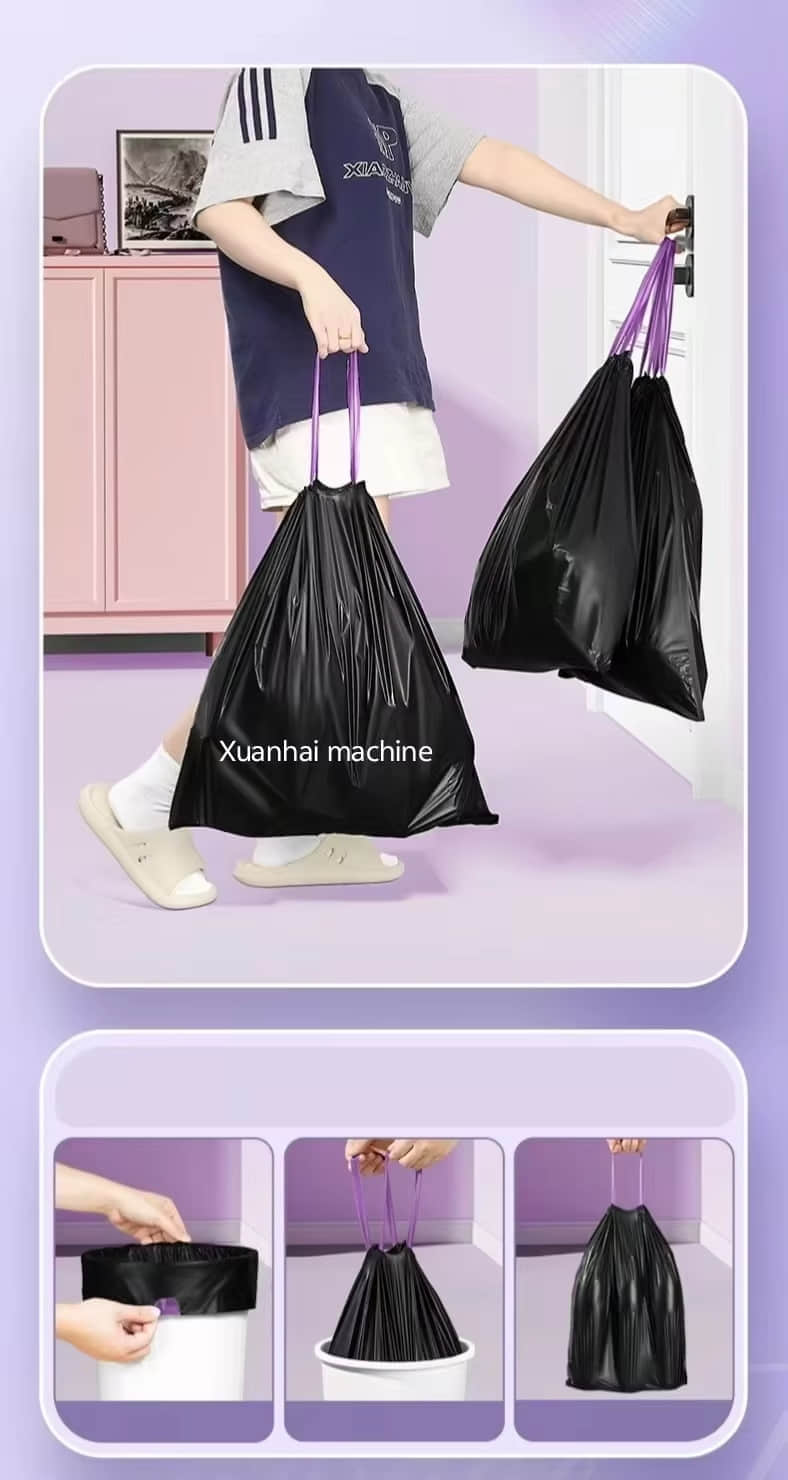 자동 폴리 드로우 쓰레기 봉투 제조기는 쓰레기 수거용 말아서 쓰는 플라스틱 쓰레기 봉투를 만듭니다.