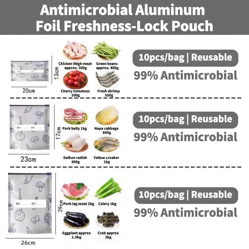 재사용 가능한 지퍼형 냉동 알루미늄 호일 신선도 유지 백, 고기, 과일, 채소 보관용 스탠드형 파우치