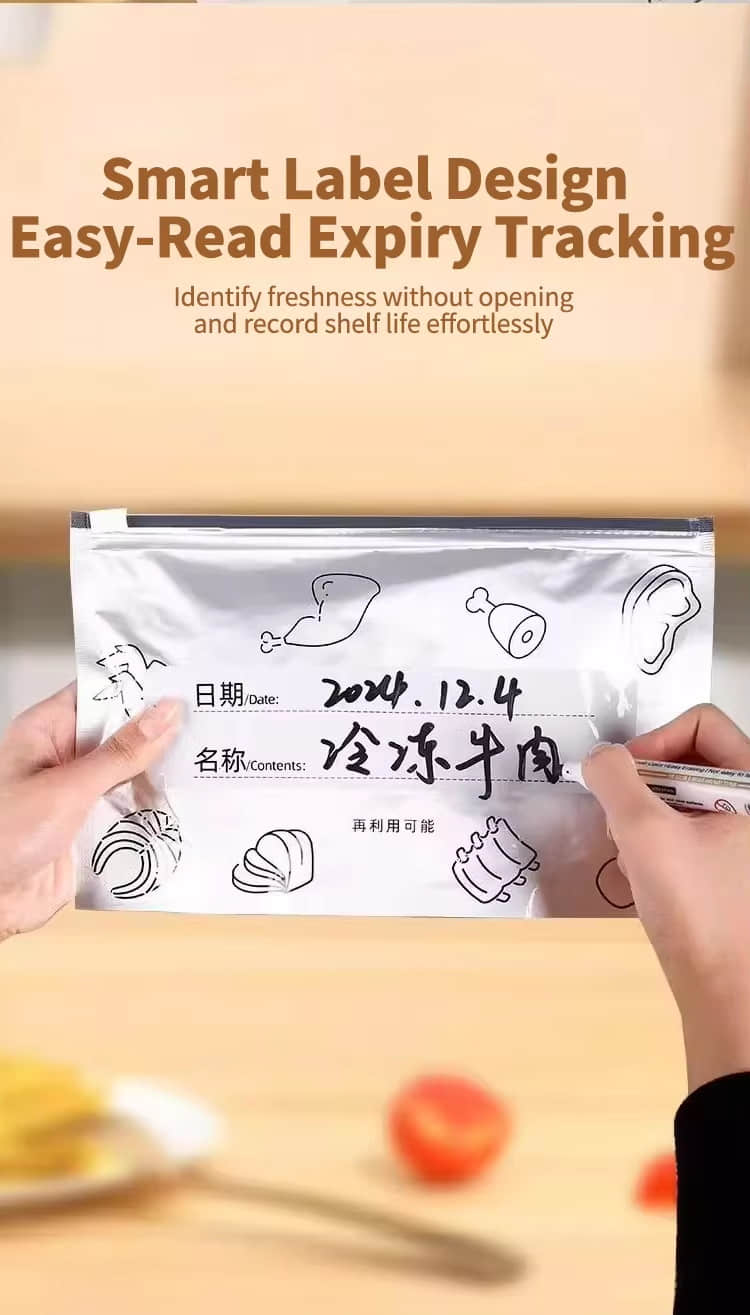 재사용 가능한 지퍼형 냉동 알루미늄 호일 신선도 유지 백, 고기, 과일, 채소 보관용 스탠드형 파우치